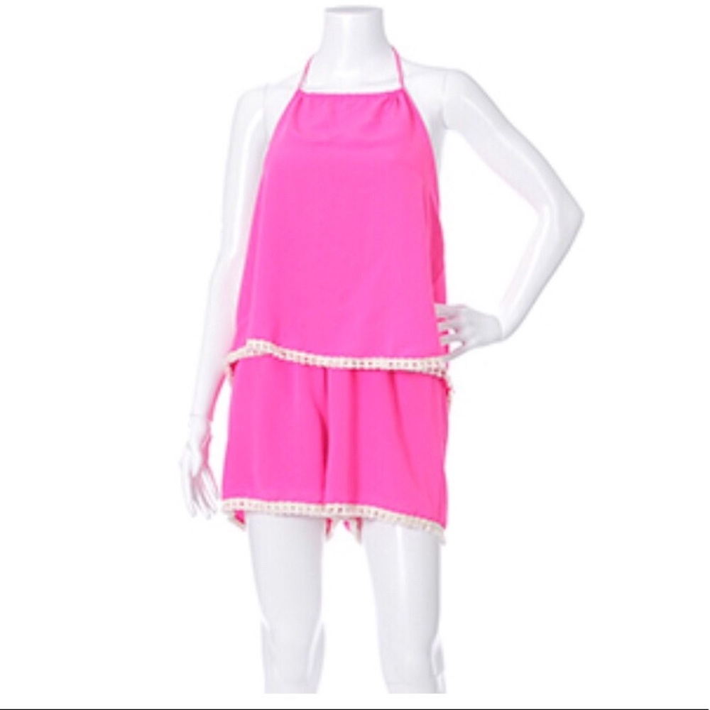 Neon Pink Halter Romper with Trim